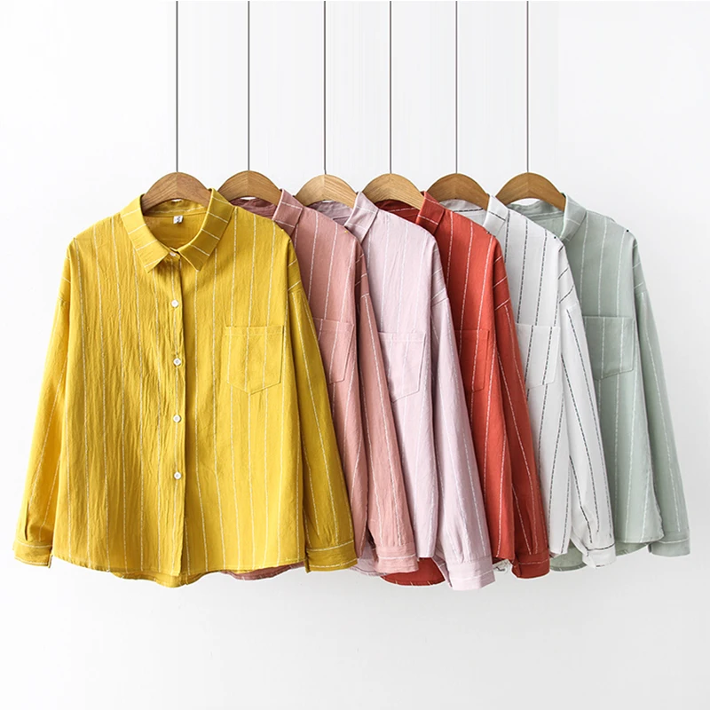 

2019 Spring Summer fashion female long sleeve loose cotton linen striped shirts women blouses office lady casual tops blusas