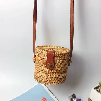 

Handmade Straw Messenger Bags Women Circle Handwoven Round Retro Rattan Straw Beach Bag Cross Body Bags Mini shoulder bag A1