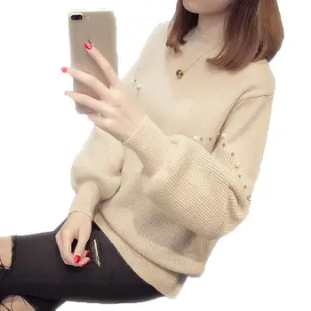 

2018 Women Autumn Winter Warm New Fashion Knitting Sweater Female Lantern Sleeve Beadings Casual Loose Knitwear Pullovers F29