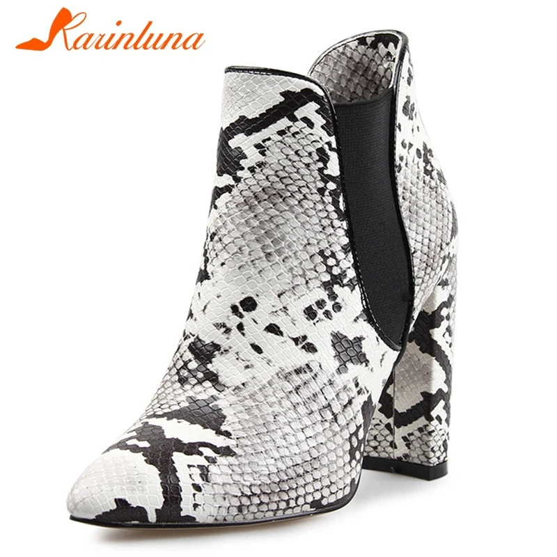

KARINLUNA Pointed Toe Footwear Female BootPrint Snake Pu Women Ankle Boots Thick High Heels Party Shoes Women 2019 New Winter