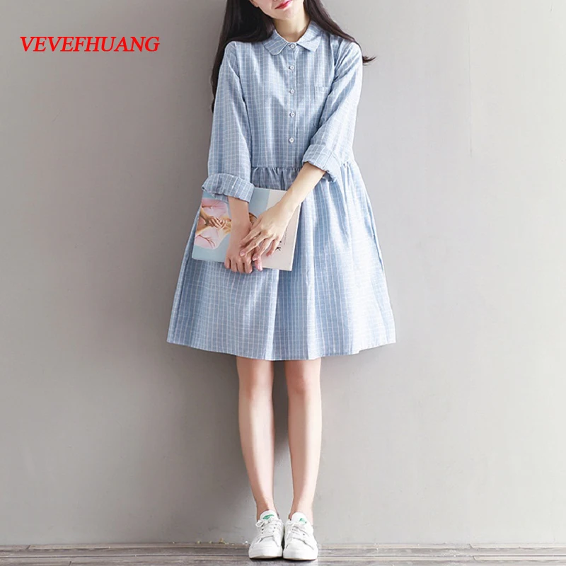 

2018 Mori Girl Spring Autumn Women Plaid Dress Turn Down Collar Full Sleeve Vestidos Cotton Linen Casual Retro Blue Dress