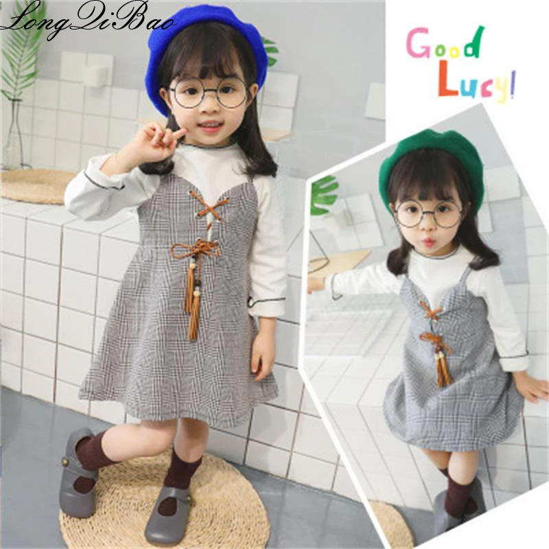 

Baby girl lady Korean version set 2018 new girls autumn bottoming shirt + houndstooth strap dress two-piece