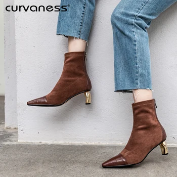 

Curvaness Women's Genuine Leather Suede Leather Thick Ankle Boots Pointed Booties Metallic Patchwork Autumn Booties