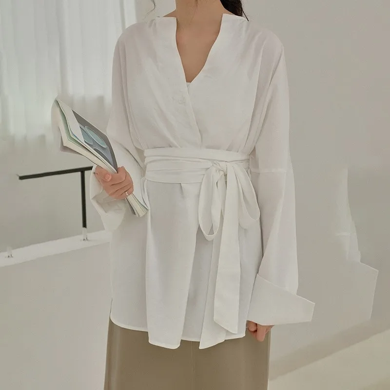 

[EWQ] 2019 New Pattern V-collar Long Sleeve Solid Patchwork Adjustable Waist Temperament Pullvoers Casual Shirt Women AD65311