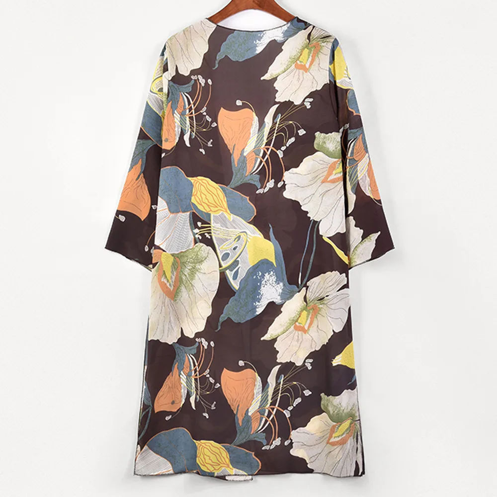 Blusas mujer de moda 2018 Long Kimono Floral Printed Loose Cardigan Bohemian Beachwear Chiffon Tops sleeve Blouse with Sashes Blouses