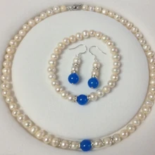 Wholesale_jewelry_wig$7-8 мм Белый Akoya Культурный Жемчужное/Синий Браслет Ожерелье Серьги Набор А. А