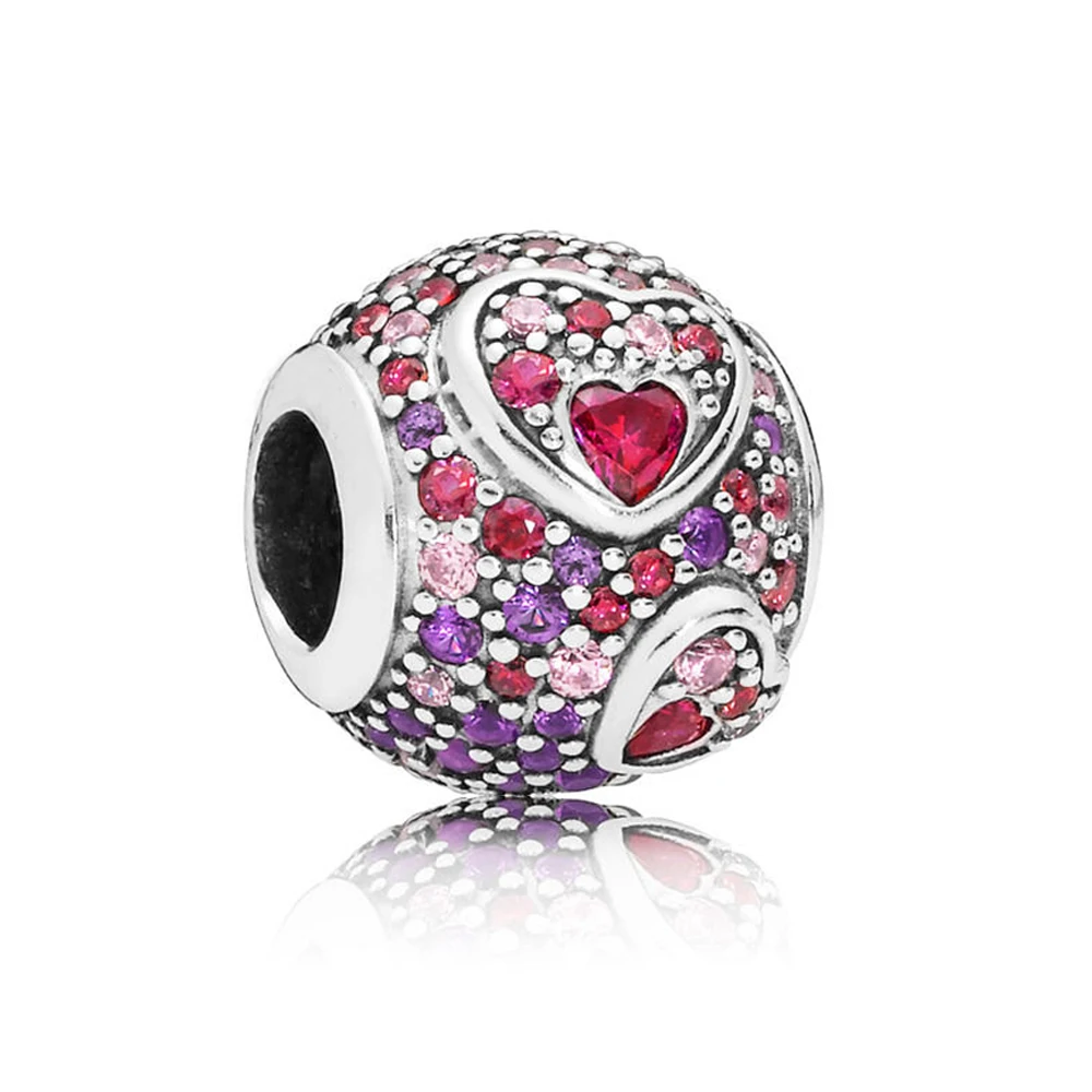 

925 Sterling Silver Asymmetric Hearts of Love Charm Red & Pink CZ Original Jewelry Making Fits For Bracelets & Bangle PANDOCCI