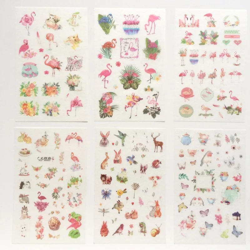 

6 Sheets /Pack Pink Style Flamingos & Animals Paper Adhesive Decorative Stickers Stick Label Decoration