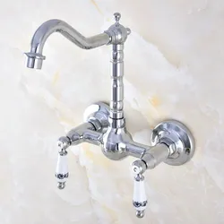 Polished Chrome Brass Wall Mount Kitchen Sink Faucet Swivel Spout Mixer Tap Dual Ceramics Handles Levers anf570