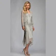 2015 Gorgeous Chiffon Mother Of The Bride Dresses With Jacket Lace Mid-Calf High-Low Pant Suits Sexy Deep V-neck For Weddings