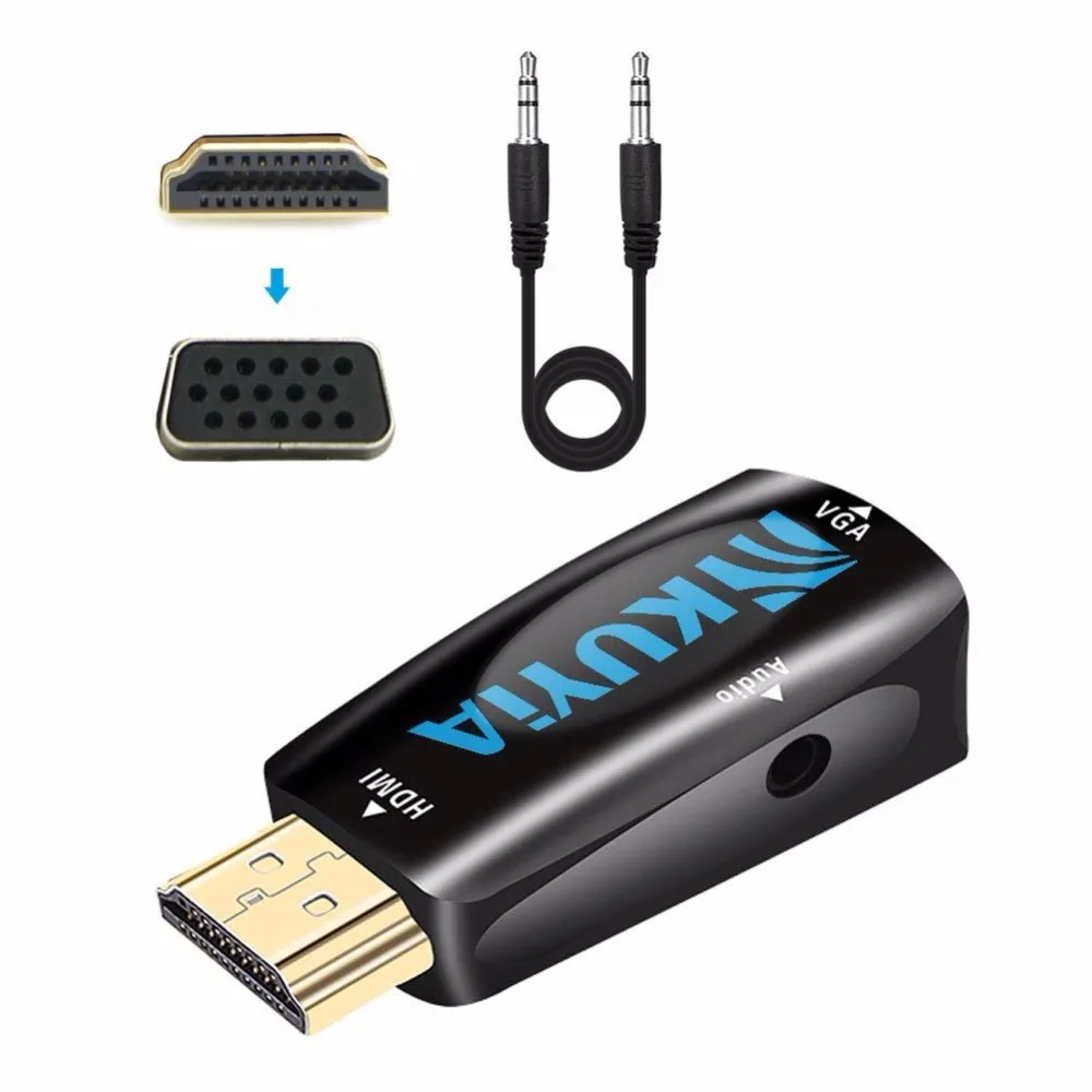 KUYIA 3.5 ملليمتر الصوت HDMI إلى محول VGA محول ل HDTV/مونيتور/العارض متوافق مع سوني PS3 PS4 (أسود)