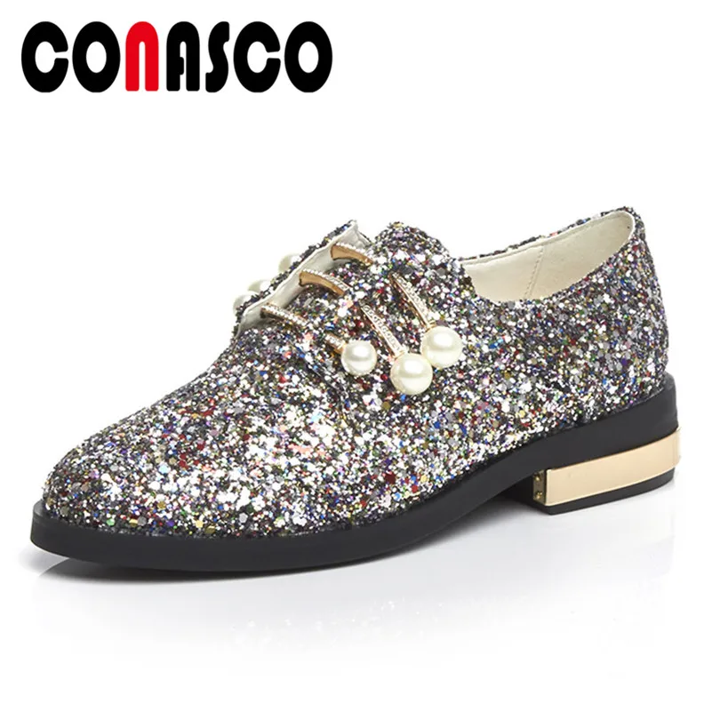 

CONASCO New Arrival Women Basic Pumps Bling Party Prom Dancing Square Heels Shoes Woman Round Toe Metal Decoration Quality Pumps