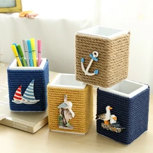Creative ocean style wooden/hemp rope Pencil Vase Wood Pen Container Office Supplies stationery Mediterranean style pen holder