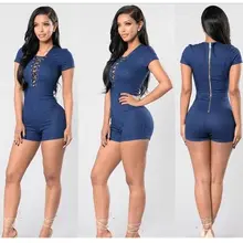 QMGOOD Sexy& Club Denim Bodycon комбинезон Новая Джинсовые шорты V воротник с молния эластичный джинсовый комбинезон Синий комбинезоны для Для женщин