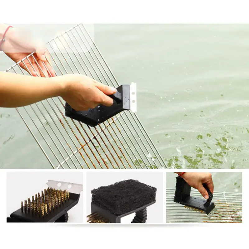 

3 in 1 Outdoor Durable BBQ Barbecue Grill Cleaner Cleaning Brush/Steel Wire Sponge Shovel Set 430 Stainless Steel Outdoor Stoves
