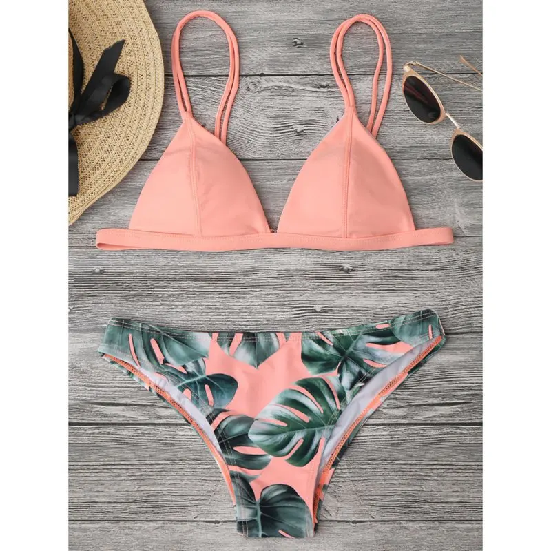 Women Sexy Plant Pattern Print Lace-up Halter Strap Split Swimsuit Bikini Set Women Sexy Plant Pattern Print Lace-up Halter Strap Split Swimsuit Bikini Set
