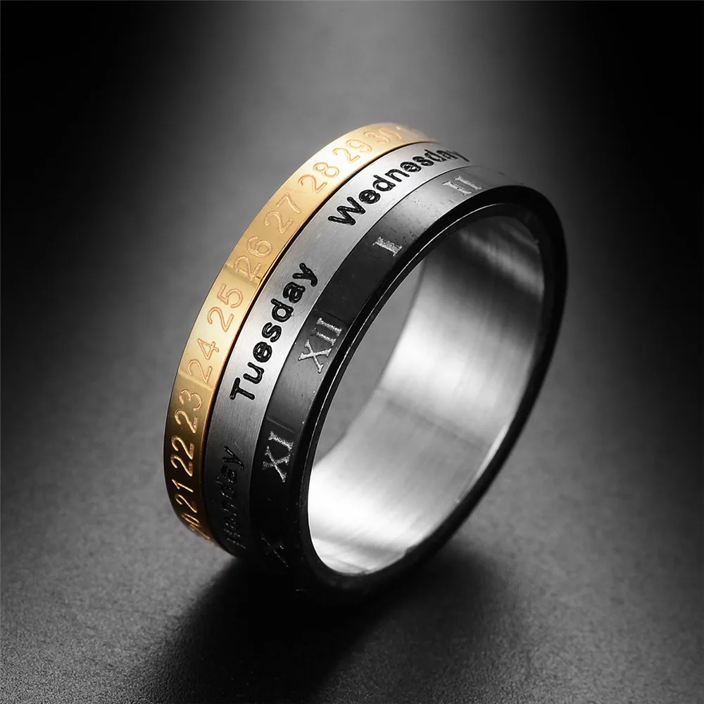 

European explosion model titanium steel rotating Bulgaria ring tri-color calendar ring Korean version of Roman numerals time