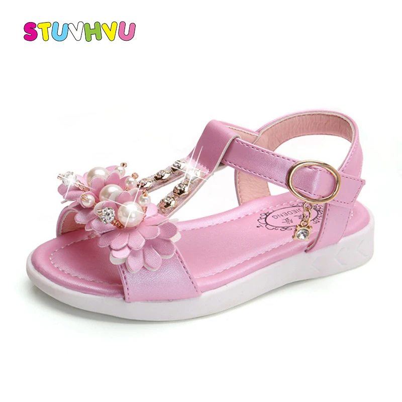 

Flowers Girls Sandals Fashion Pearl Children Princess Shoes Summer Kids Beach Shoes 2019 New Pu Leather Girls Shoes Size 21-36