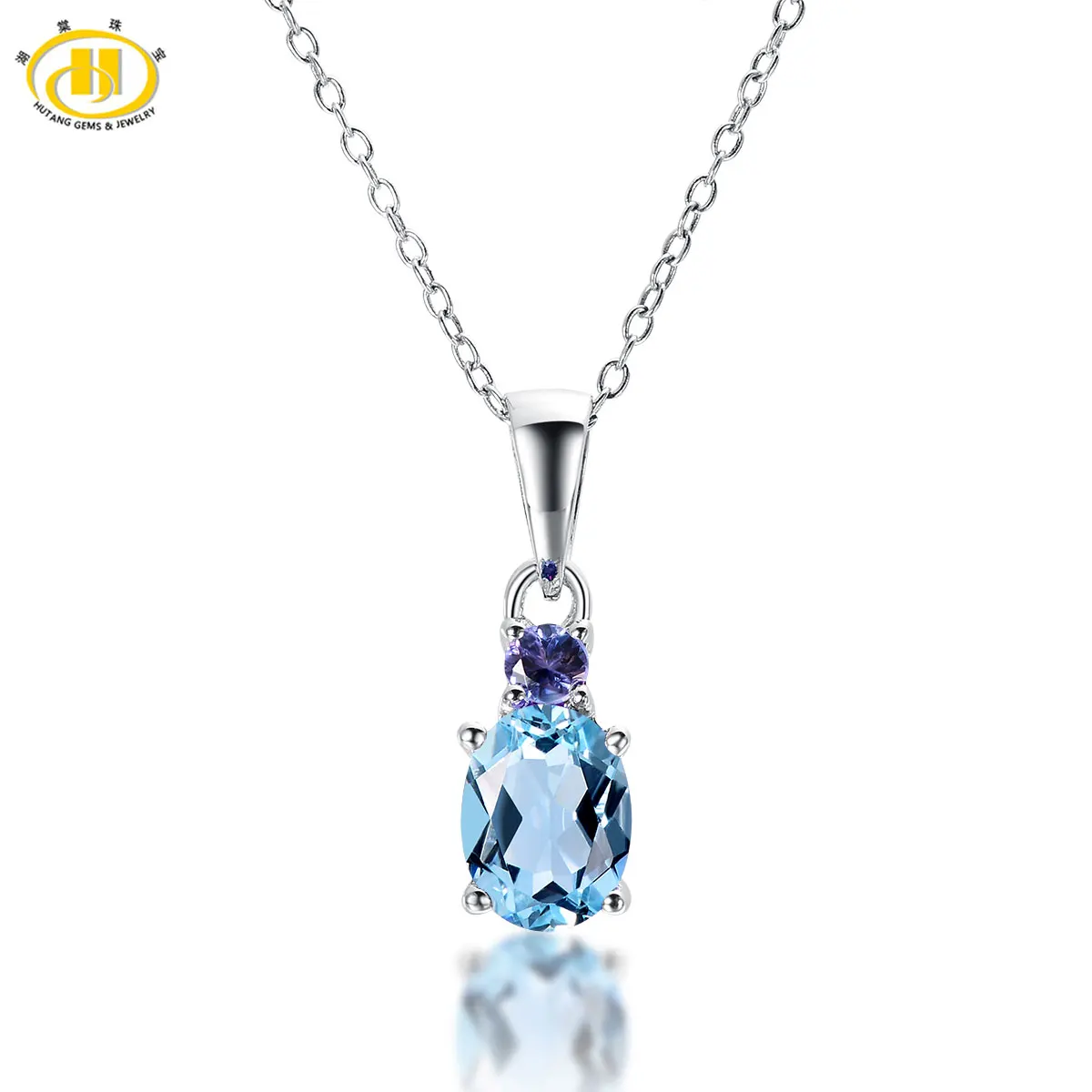 Hutang Natural Blue Topaz & Tanzanite Solid 925 Sterling Silver Pendant Necklace Gemstone Fine Jewelry Women's Hutang Natural Blue Topaz & Tanzanite Solid 925 Sterling Silver Pendant Necklace Gemstone Fine Jewelry Women's