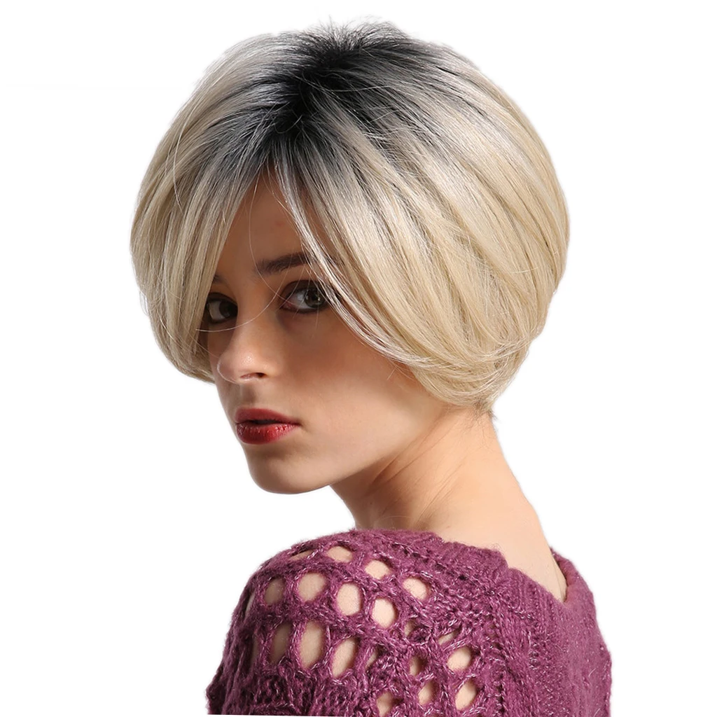 

12 inch Short Straight Human Hair Wig with Hairnet Cosplay Party Wig Women Girls