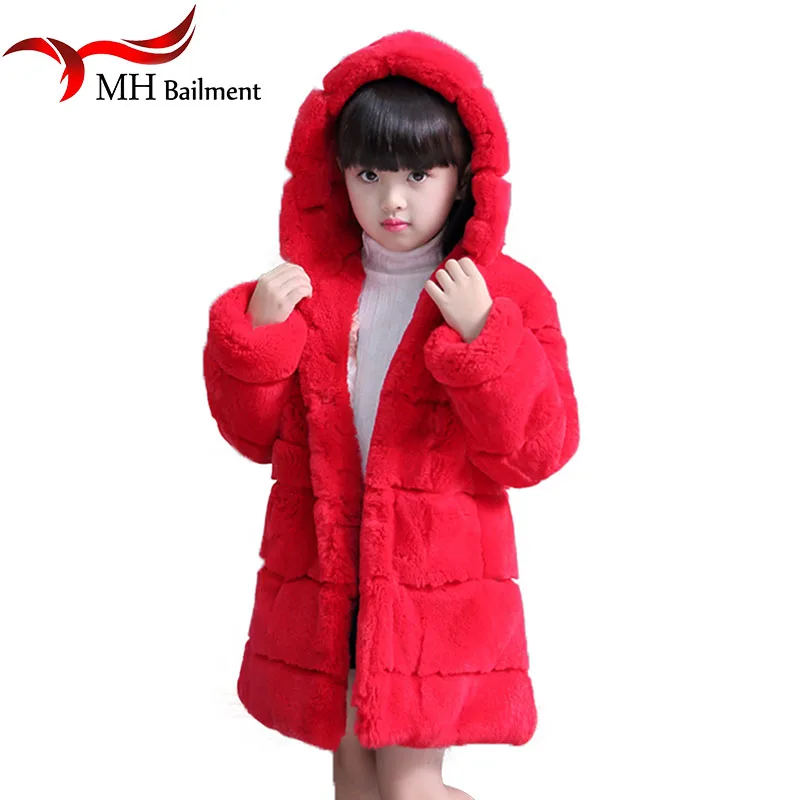 

Children Real Rex Rabbit Fur Coat Girls Winter Warm Thick Long Section Clothing Full Solid Kids V-Neck Outerwear Coat C-12