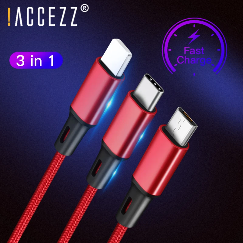! Кабель зарядный ACCEZZ 3 в 1 Micro USB Type C для Samsung S8 Xiaomi 6 зарядного устройства Lighting iPhone 12