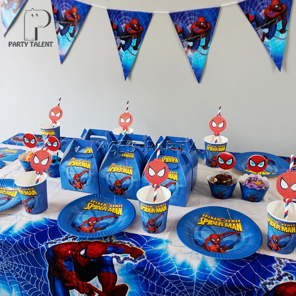 86 шт. для 12 детей супер герой на тему Человека-паука день рождения поставки набор посуды, тарелка+ соломинка+ стекло+ candybox+ приглашение и т. Д