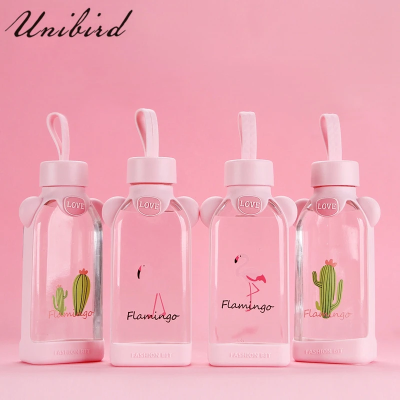 

Unibird Creative Flamingo Pattern Glass Water Bottle with Rope Silicone Protection Cover Square Drinkware Lemon Juice Drinking