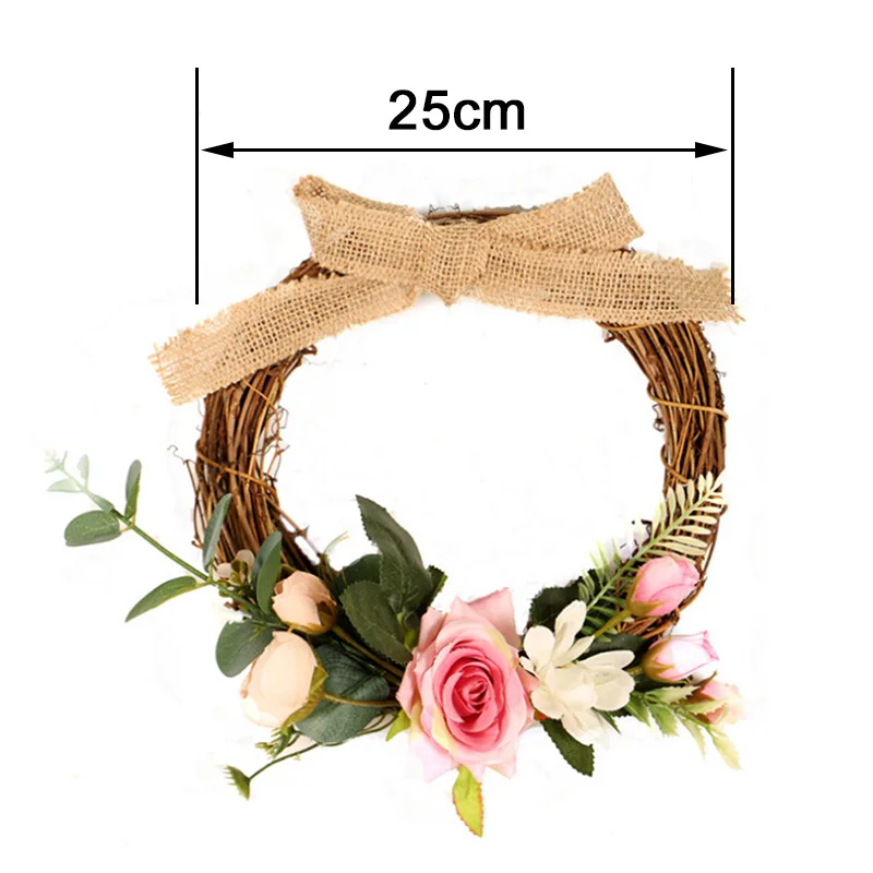 

25cm Artificial Door Knocker Simulation Silk Rose Flowers Wreath Foam Straw Garland Wedding Decoration Home Party Event Flores