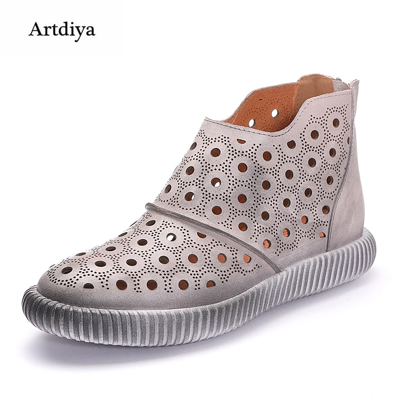 

Artdiya New Genuine Leather Retro Handmade Zipper Flat Hollowed-out Women Shoes Round Toe Handmade Summer Sandals FHC210-13