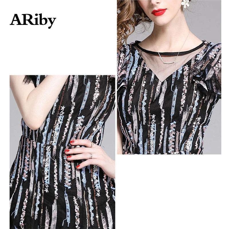 ARiby 2019 Summer New Fashion Women Dress Office Lady Elegant Mesh Flounces Stitching O-Neck Short Sleeve A-Line Dress Plus Size