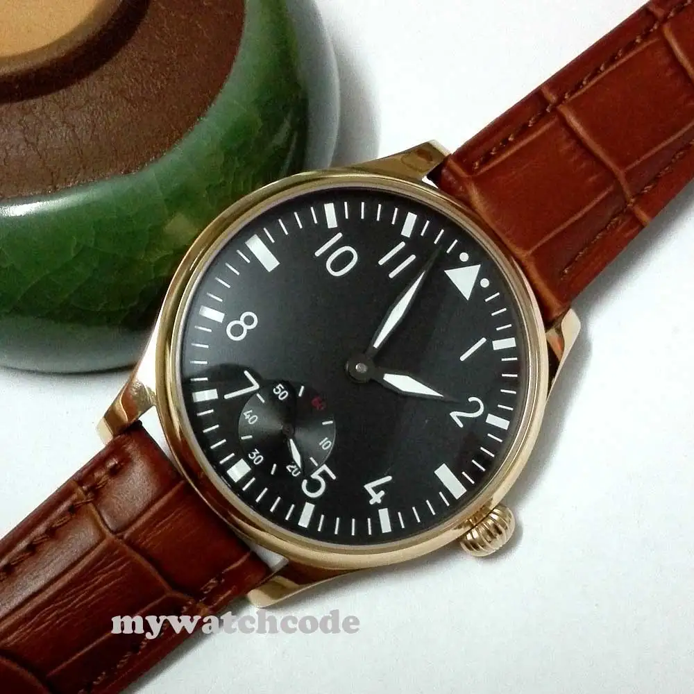 

44mm parnis black dial 6498 movement hand winding brown leather mens watch P252