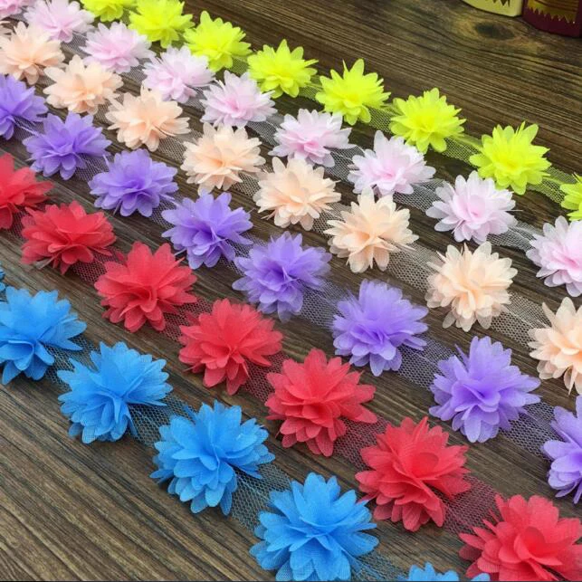 180 pcs Flowers(10yards) 3D Chiffon Cluster Flowers Lace Trim Dress