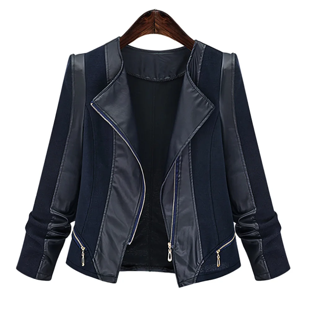 

Wipalo 2018 Women Plus Size Chic Zippers Faux Leather Patchwork Jacket Coat Autumn Slim Coats Female Biker Jacket Outwear 5XL