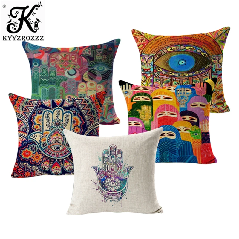 

Hamsa Hand Cushion Covers 16 Styles Ramadan Hand of Fatima Oil Painting African Woman Thin Linen Cotton Pillow Cover