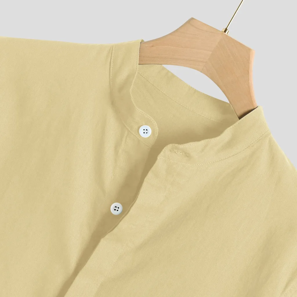 Мужская Повседневная Блузка мужская мешковатая льняная смесь сплошной цвет три четверти рукав футболки со стоячим воротником Топ мужские рубашки