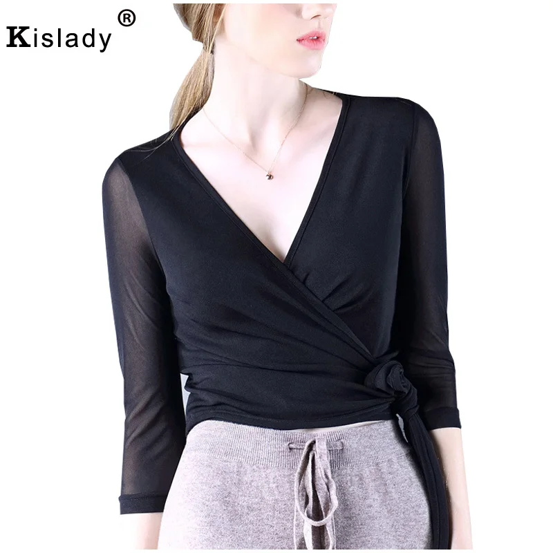 

Kislady 2018 Spring Summer Women's Sexy Deep V Crop Tops Transparent Mesh Shirts Elegant Three Quarter Sleeve Thin Bottom Shirt