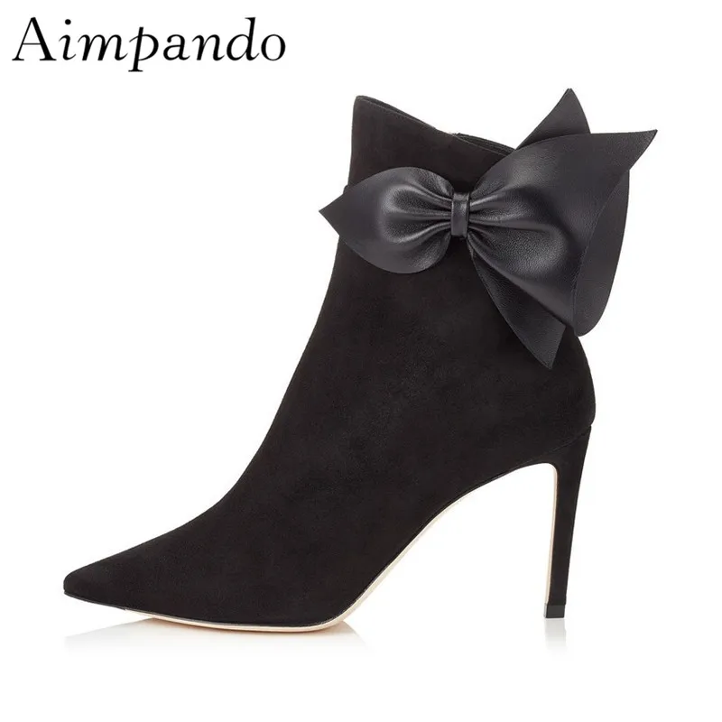 

Sweet Butterfly-knot Ankle Boots Women Stiletto Heel Sexy Pointed Toe Quality Suede Autumn Winter Short Boots