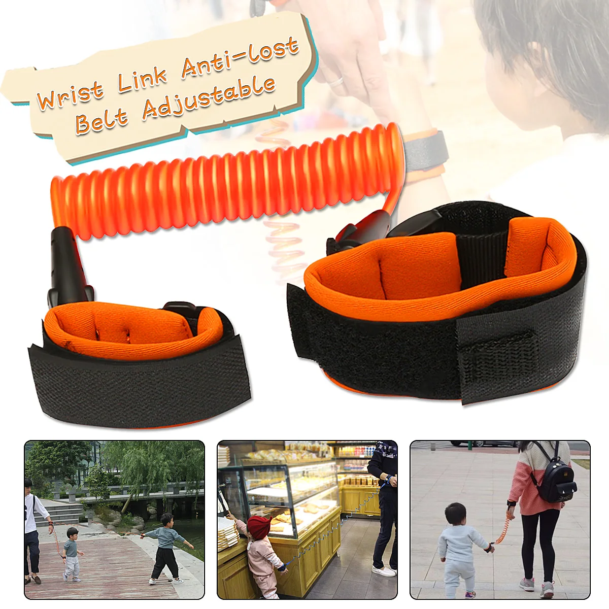 

Anti-lost Child Belt Adjustable Child Safty Wrist Link Orange PU&Stainless Steel Contraction Toddler Safety Harness for Outdoor