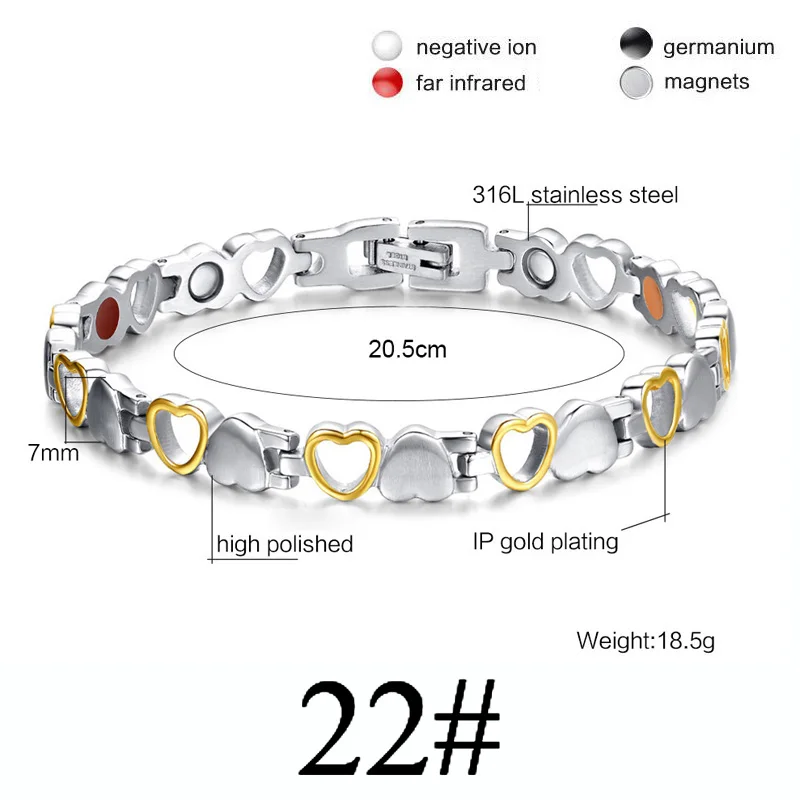 Для женщин и мужчин, забота о здоровье, германий, магнитный браслет для артрита и карпального туннеля, 316L, нержавеющая сталь, терапевтические браслеты - Окраска металла: Gold Silver 22
