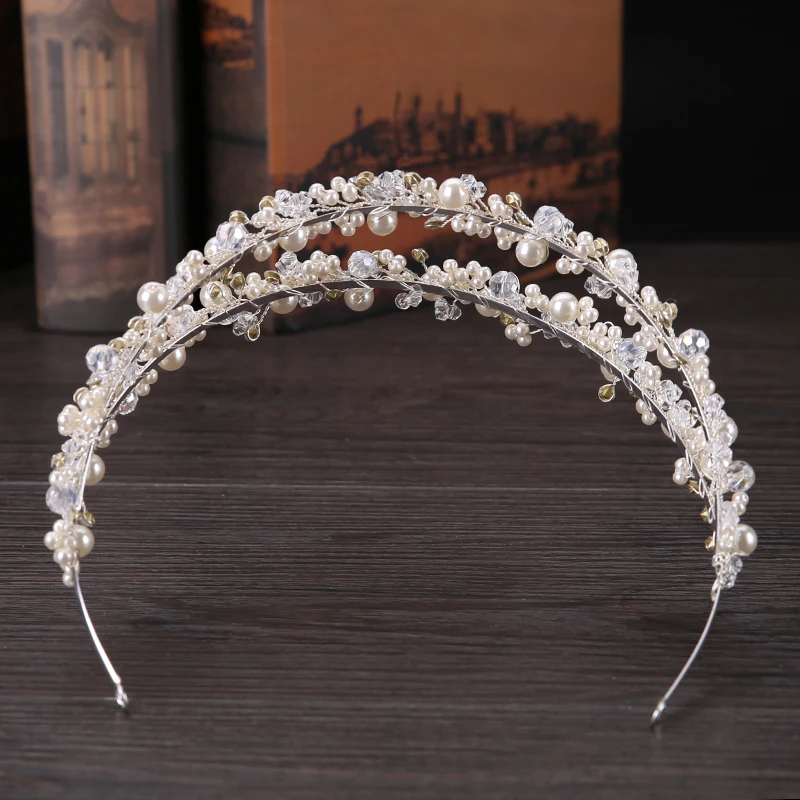 FORSEVEN Handmade Pearls Hair Headbands Crown Crystal Diadem Crown