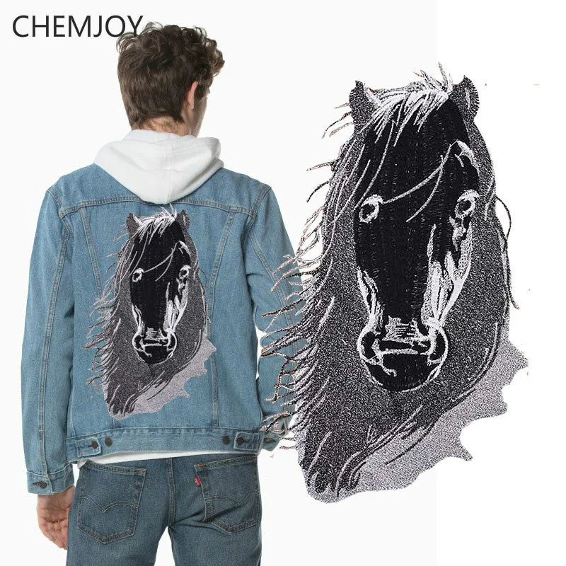 Черная лошадь вышивка большая нашивка для одежды шитье на большой DIY аппликации для курток крутые мужские мотоциклетные байкерские нашивки