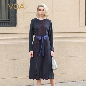 

VOA Runway Belt Cummerbunds Midi Dress Women Silk vestido Winter Dresses China Clothes sukienki jurken Ladies Long Sleeve A10091