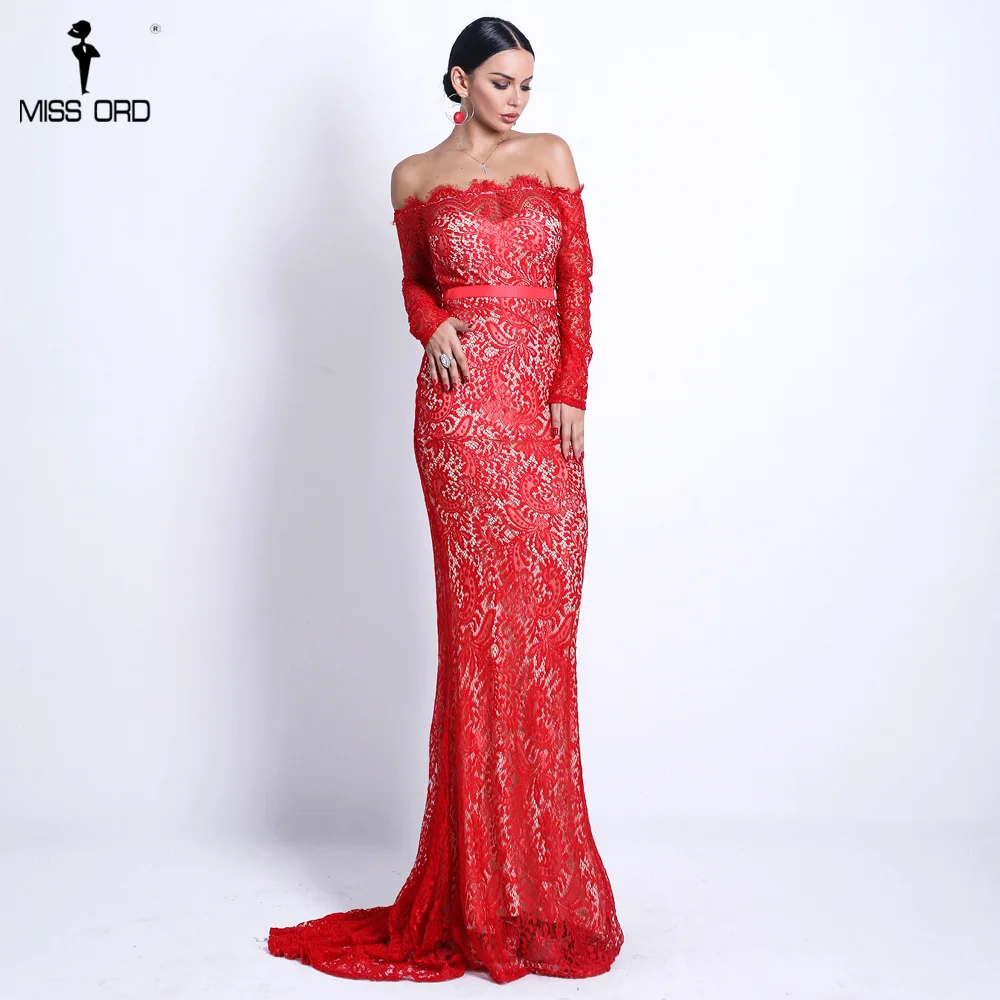 Missord 2019 المرأة مثير قبالة الكتف الدانتيل فساتين الإناث عارية الذراعين ماكسي أنيقة حزب اللباس Vestdios FT18306-2