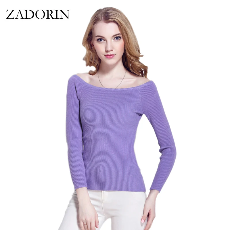 

ZADORIN Basic Women Sweater Sexy Slim Slash Neck Long Sleeve Pullovers Knitted Sweater Off Shoulder Pullover Sweaters