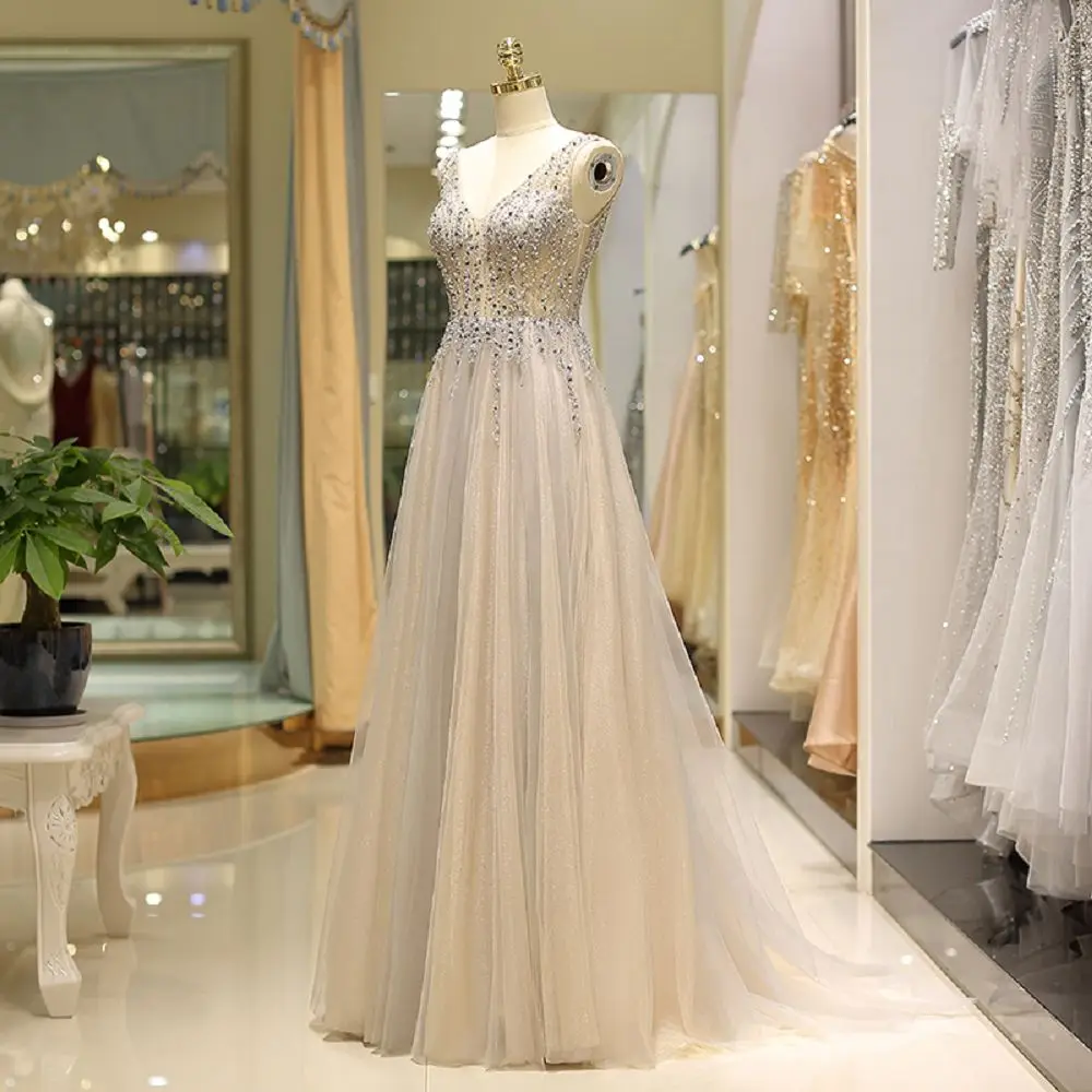 

Sewn Rhinestone Evening Dresses V-neck sexy tulle fabric women Formal Party Homecoming Dresses Dress luxury prom gown vestido