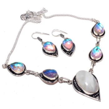 

Rainbow Moonstone,Rainbow Topas Necklace Earing Silver Overlay over Copper , 48cm, FRN0046