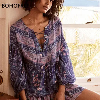 

BOHOFREE Plunged Neckline Indigo Eyelet Lace Up City Lights Blouese Gypsy Bohemian Blusas Femme Floral Beach Shirts Casual Tops