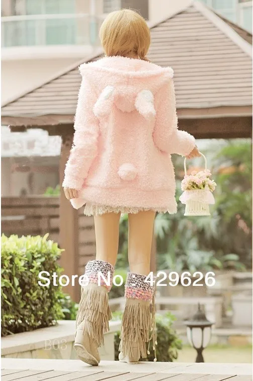 2014 New ladies Long Sleeve thickening lamb plush fur Coat Wool &amp Blends Cute Rabbit Loose Jacket 0275 | Женская одежда