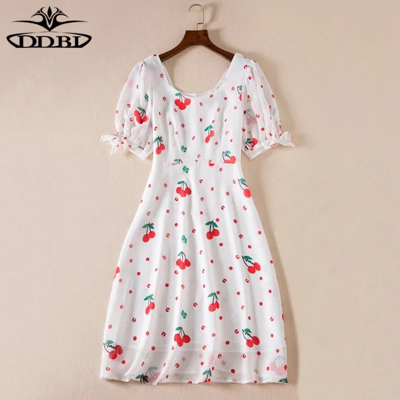 cherries print white dress designer runway dress high quality 2018 20180526